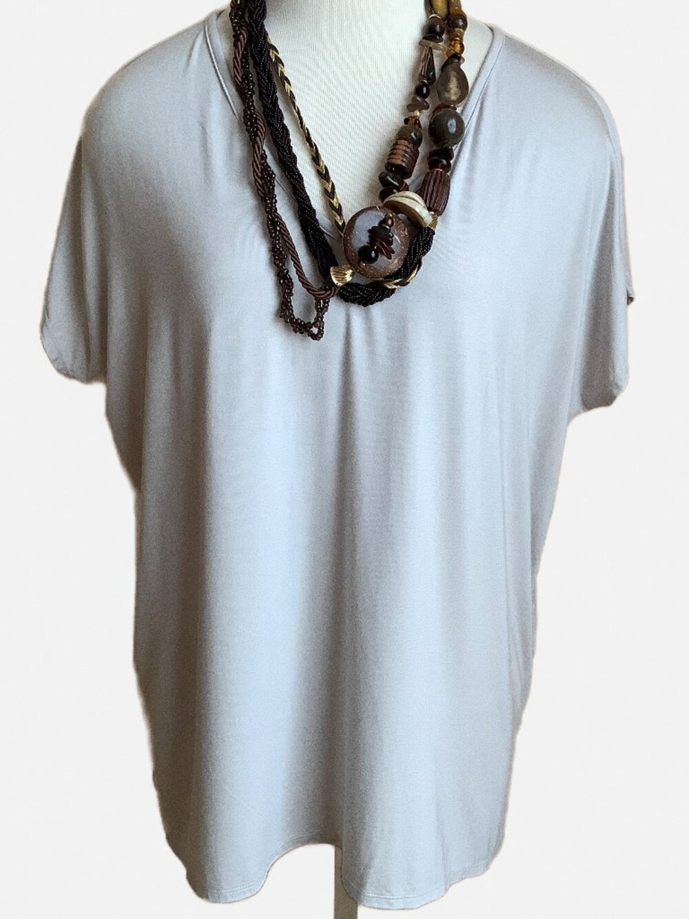 Sympli Pearl Grey V-Neck Bamboo Top Size 12 Cap Split Sleeve Flowy Drape Shirt